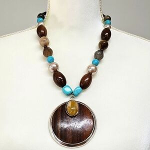 CHICO'S Beaded Turquoise Brown Necklace Silver Accents & Wood Pendant